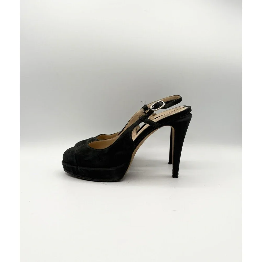 Chanel Black Suede Slingback Platform Cap Toe Heels Silver CC Logo Size EU 37.5